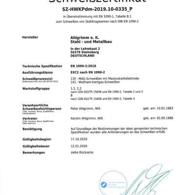 Ahlgrimm - Ideen in Metall | Schweißzertifikat